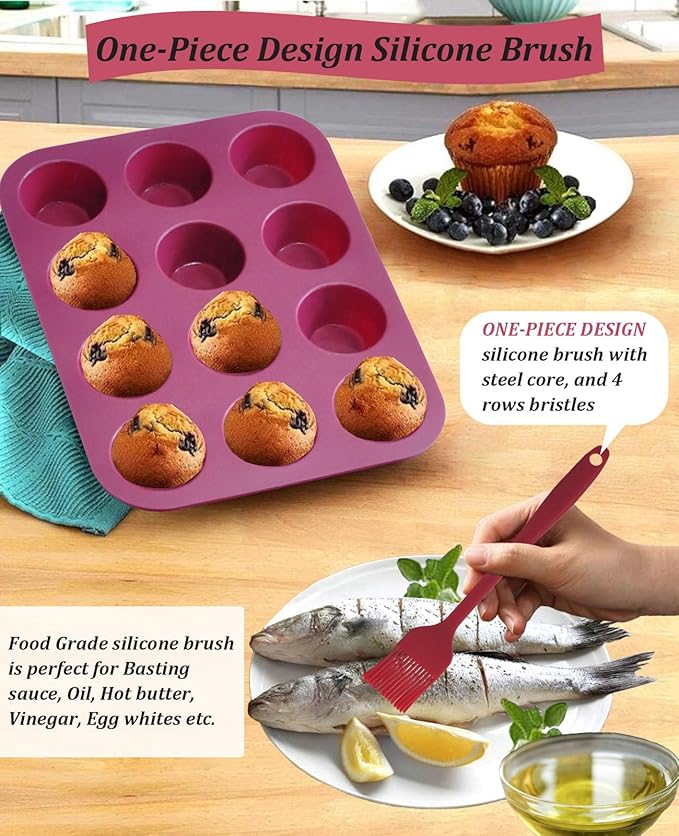 Sinoskye Silicone Muffin Pan, 12-Cup Cupcake Pan with Silicone Pastry Brush for Mini Egg Muffin, Keto Diet, BPA Free, Dark Red