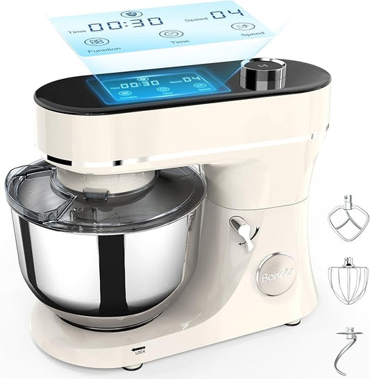 Bonnor Stand Mixer 6QT Kitchen Mixer with LED Smart Touchscreen, 11-Speed Tilt-Head Mixer with Timer, 4 Preset Menus, Stainless Steel Bowl, Dough Hook, Whisk, Beater,White