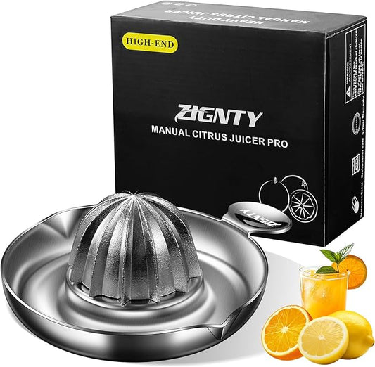 Lemon Squeezer Stainless Steel, Heavy Duty Manual Hand Juicer, Premium Citrus Reamer Juicer Rotation, Lime Orange Fruit Squeezer, 200ML Container 2 Pour Spouts, Dishwasher Safe（5-Year Warranty）
