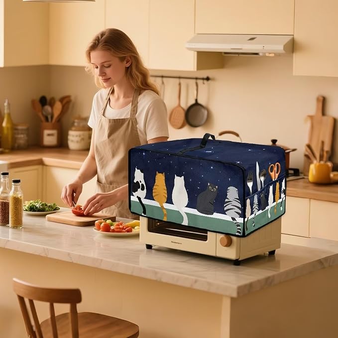 Doojoayie Small Appliance Covers Cute Cat Toaster Oven Cover 6 Slice Kitchen Appliance Dust Protector 19.7"x16"x 10" Compatible with Toaster/Bread Machine