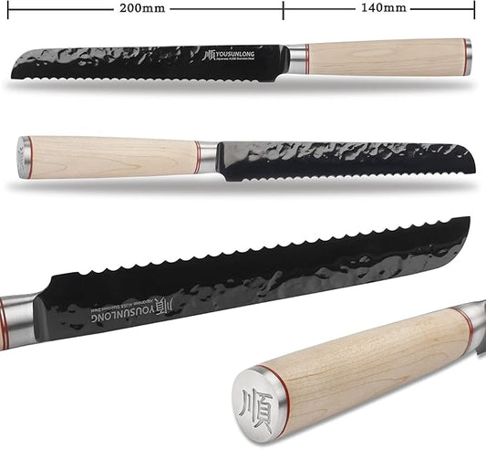 YOUSUNLONG Bread Knife 8 Inch Serated Knife - Japanese AUS8 Steel Black Titanium Coating Blade - Natural Canadian Maple Wood Handle - Bread Slicer Bread Knife For Homemade Bread