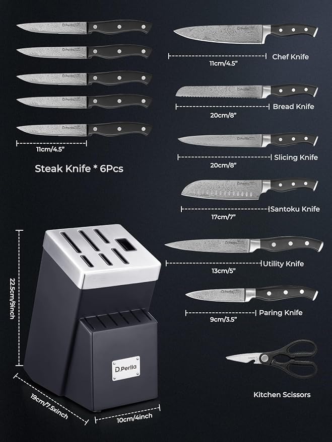 Knife Set, D.Perlla Knife Block Set with Advanced Self-Sharpening Technology, 14-Piece Waved Texture Kitchen Knives, German Stainless Steel Knife Set with Block, Razor-Sharp and Full Tang Handle