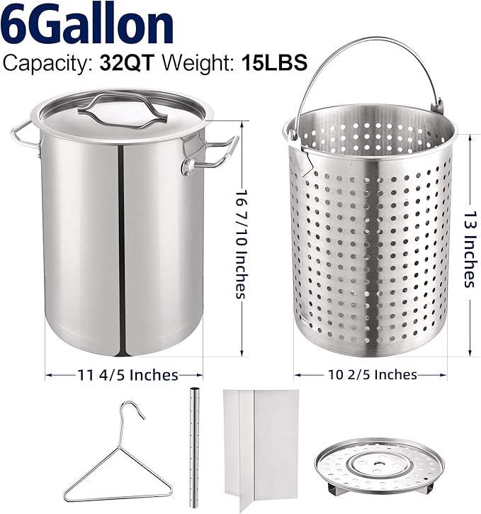 ARC 32QT Stock pot Seafood Boil Pot and Propane Stove Outdoor Cooker, Stainless Steel Crawfish Boil Pot with Basket and Steamer Rack, Burner for Outdoors Cooking and Steaming