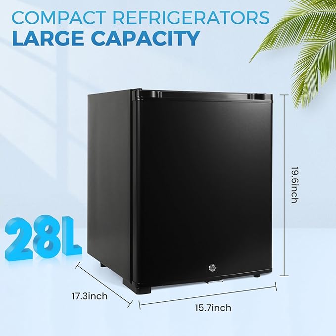 Mini Fridge for Bedroom, 1.07 cu.ft 110V Quiet Fridge with Lock, Small Silent Compact Refrigerator for Dorm RV Hotel Office, Noise Absorption, Black