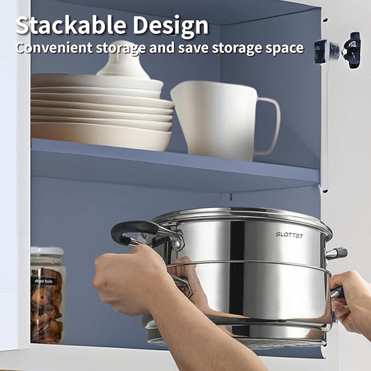 SLOTTET Stainless Steel 8 Quart Stock Pot with Steamer,8 Qt Deep Soup Pot for cooking,Multipurpose Stockpot with silicone Stay-cool Handle.