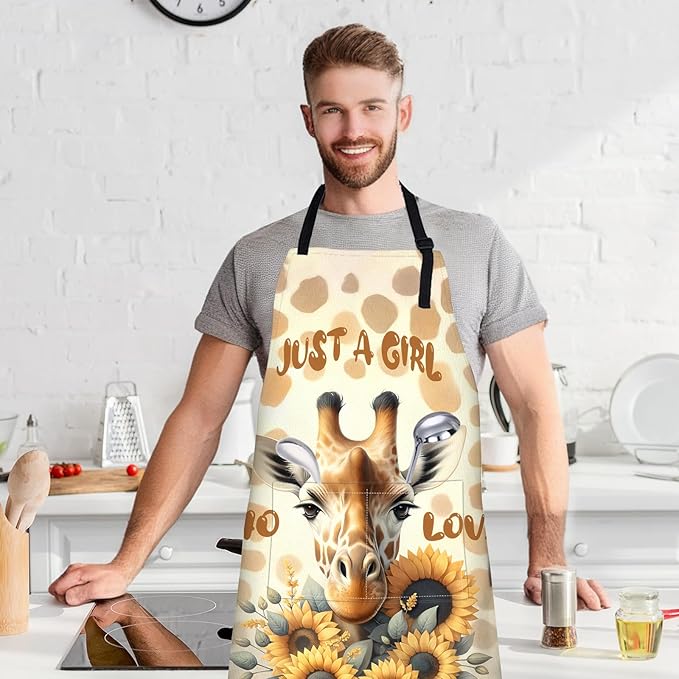 Cute Giraffe Apron with Adjustable Neck Strap,Just a Girl Who Loves Giraffes Kitchen Aprons with 2 Pockets for Women,28x33in,Oxford Fabric,Gifts for Wife Mom,For Chef Cooking Baking Gardening