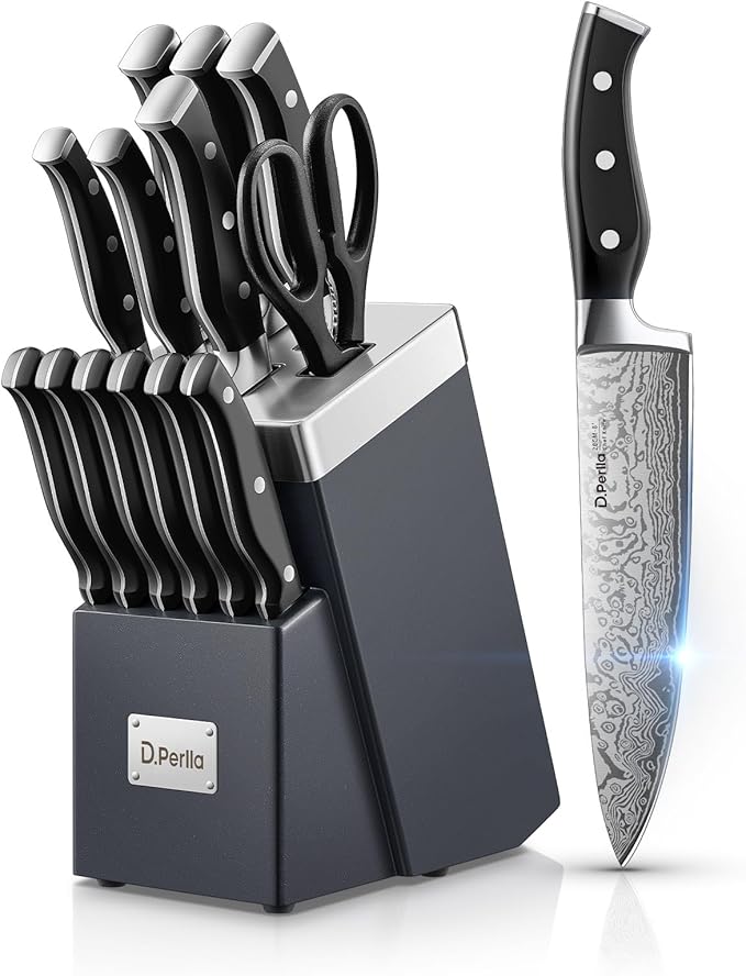Knife Set, D.Perlla Knife Block Set with Advanced Self-Sharpening Technology, 14-Piece Waved Texture Kitchen Knives, German Stainless Steel Knife Set with Block, Razor-Sharp and Full Tang Handle