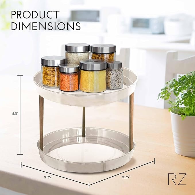 Rachel Zoe 2 Tier Lazy Susan Organizer, Wood Two Tier Lazy Susan Turntable, 360° Spin Tray Organizer, Pantry Spice Organizer for Kitchen, Rotating Bathroom Counter Organizer