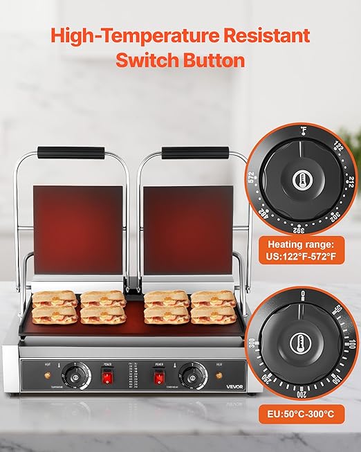VEVOR Commercial Panini Grill, 3600W Electric Sandwich Panini Maker, Stainless Steel Double Sandwichs Press with Handle and Temp Control, 19x9 in Full Flat Enamel Plate, for Hamburger Steak Bacon