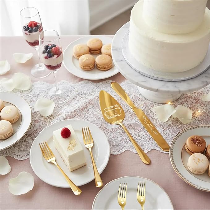 4 Pieces Wedding Cake Cutting Set Knife and Forks Set Wedding Cake Knife and Server Set Sliver Forks Engraved Mr. and Mrs.for Engagements, Anniversaries, Bride and Groom (Gold MR&MRS)