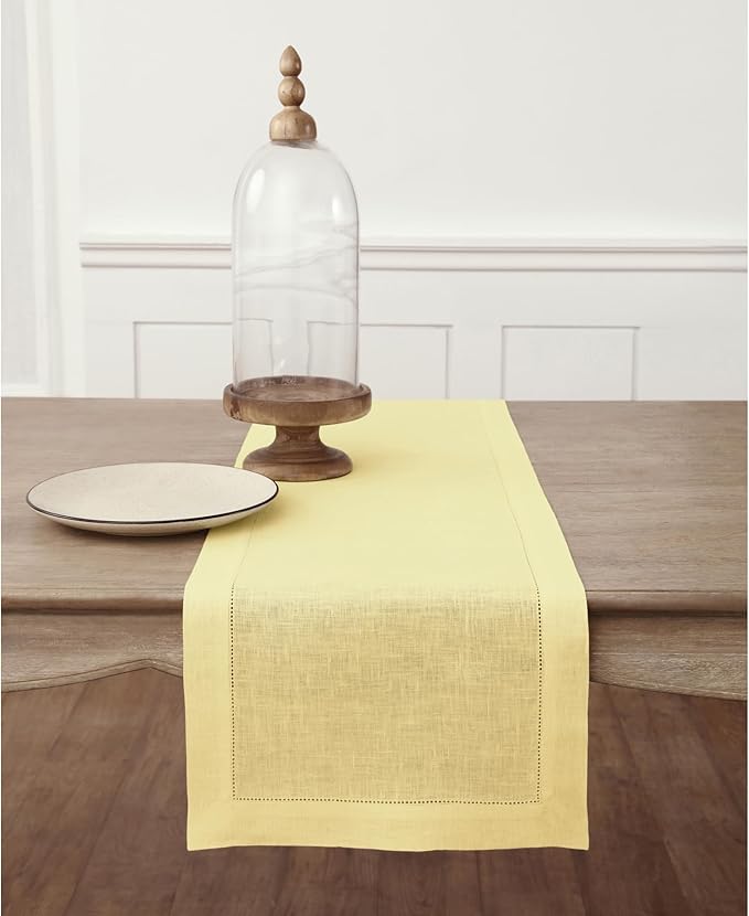 Solino Home Linen Yellow Table Runner 120 Inches Long - 100% Pure Linen Hemstitch 14 x 120 Inch Table Runner for Dining, Valentines, Spring, Easter - Classic Hemstitch