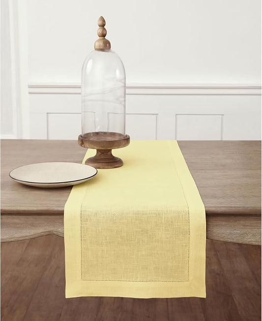 Solino Home Linen Yellow Table Runner 120 Inches Long - 100% Pure Linen Hemstitch 14 x 120 Inch Table Runner for Dining, Valentines, Spring, Easter - Classic Hemstitch