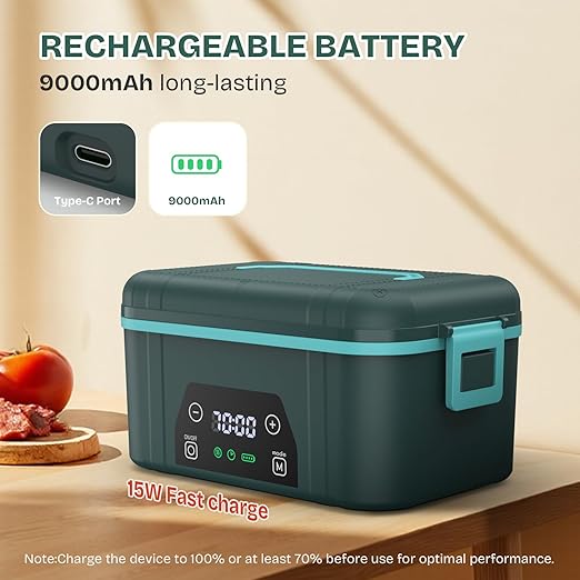Cordless Heated Lunch Box, Smart Timer Automatic Heating Food Warmer for Adults, 5.5-Cup Portable Electric Lunch Container with Handheld Insulated Bag