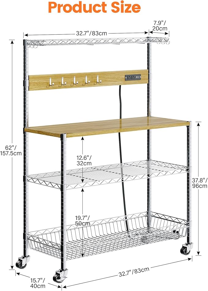 Bakers Rack with Power Outlet & Storage, 33 Inch Microwave Stand Kitchen Shelf Storage Rack, Coffee Bar Cart with Wheels & Hooks, 4-Tier Metal Kitchen Shelves Cart, Chrome