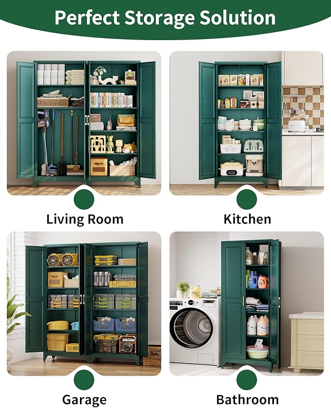 Metal Storage Cabinet with 2 Magnetic Doors and 4 Adjustable Shelves, 74.8" Tall Pantry Garage Cabinets, Modern Tool Storage Cabinet for Home Office, Kitchen, Living Room