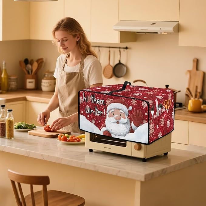 Doojoayie 6 Slice Toaster Cover Christmas Santa Kitchen Appliance Covers Universal Fit Toaster Oven Cover with Top Handle Belt, Easy to Storange Red Christmas Home Decorations