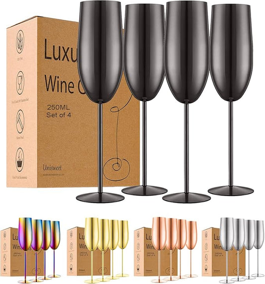 Stainless Steel Champagne Flutes Set of 4-Wedding &Birthday Gifts,8.5 Oz Unbreakable Champagne Glass with Long Stem,Reusable Indoor Outdoor Drinkware (Black)