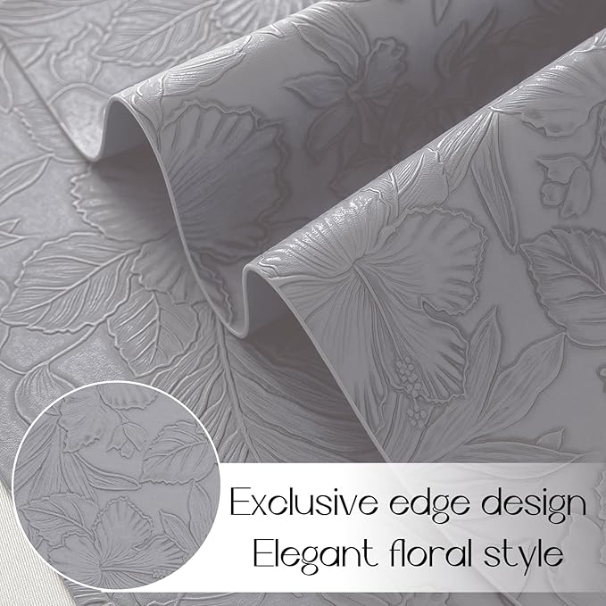 Romanstile Vinyl Placemats Set of 4-12 X 17 Inch - Heat Resistant Non-Slip Embossed Floral Place Mats 100% Waterproof Oilproof Wipeable Faux Leather Table Mats for Kitchen/Dining/Party, Grey