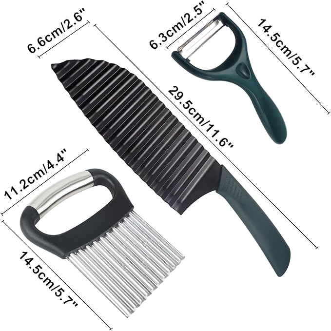 2PCS Crinkle Cutter Knife with Peeler, Crinkle Cutter for Veggies Wave Chopper Stainless Steel Crinkle Cut Fry Cutter with Handle for Veggies Fruit, Set of 3