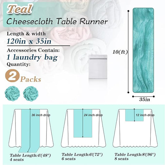 Teal Cheesecloth Table Runner 2 Pack 35" Boho Gauze Tablecloth Runner 120 inches Long Rustic Sheer Fabric Bulk for Baby Shower Wedding Bridal Birthday Party Picnic Table Decorations