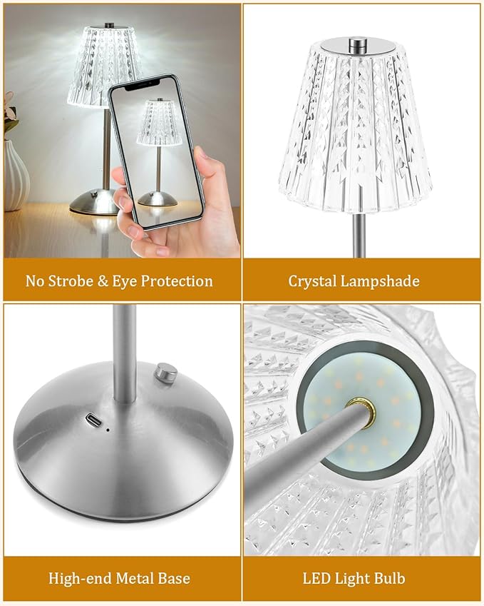 Cordless Touch Table Lamp, LED Rechargeable Small Dask Lamp, 3 Colors Dimmable Battery Operated Crysta Lamp for Bedroom Restaurant Kitchen Home Decor,Silver