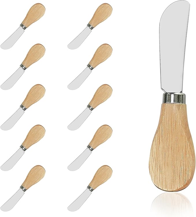 10 Piece Small Cheese Spreader Set, Stainless Steel Butter Spreader, Mini Butter Knife Spreader with Wooden Handle for Grill Plates, Sandwiches,Cocktail Spreaders, 4.7 inch