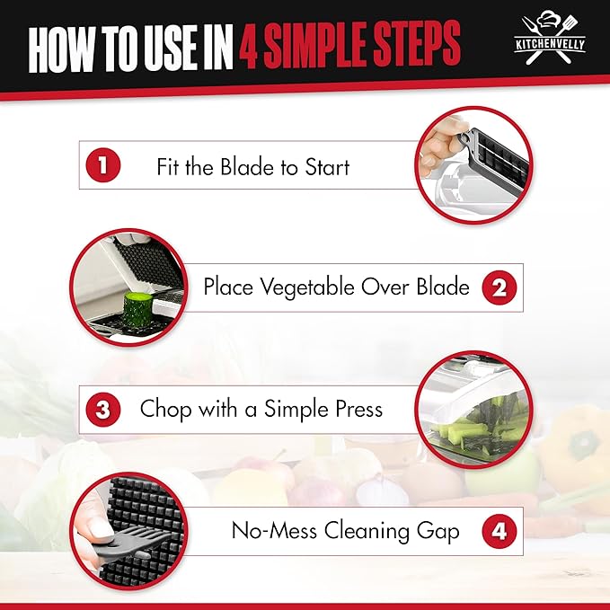 26-in-1 Vegetable Chopper with 8 Blades, Veggie Slicer & Dicer, Onion Chopper, Salad Chopper, Multi-Purpose Food Chopper with Container & Lid for Easy Meal Prep (Black & White)