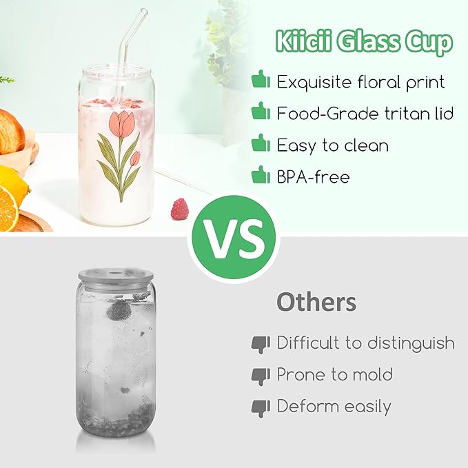 16OZ Drinking Glass Cup with Tritan Lid and Straw 6pcs Set Cute Iced Coffee Cup Aesthetic Glass Tumbler with Flower Design Ideal Gift for Women, Birthday, Christmas, Beer Glasses for Bar Accessories