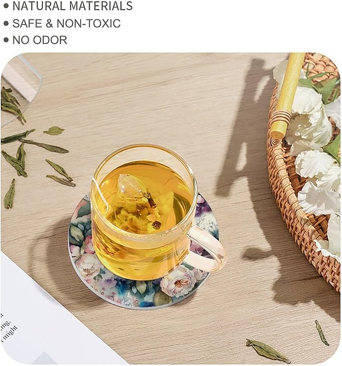 Round-4PCS Floral Drink Coasters, Round Modern Ceramic Absorbent Coasters, Watercolour Abstract Nature Plant Floral Colorful Wildflower Decor Desk Coffee Table Coaster for Beverage Cup Tea Coasters