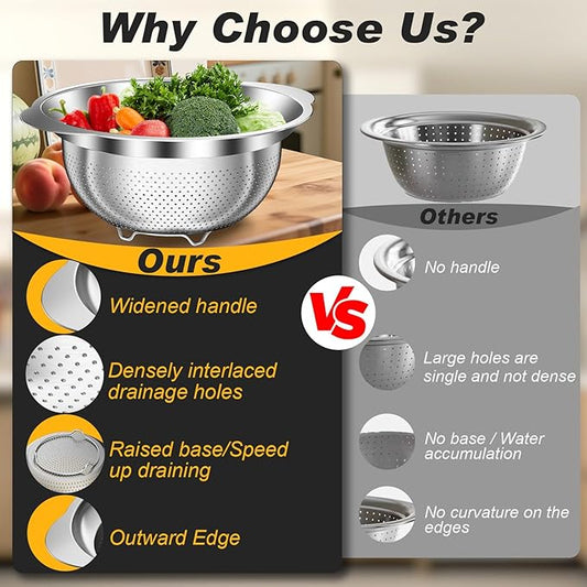 Colander, Stainless Steel Colander for Kitchen, 3Pcs Kitchen Gadget Food Strainer Basket with Handle, Kitchen Strainer Colanders Bowl for Pasta Noodles Spaghetti Vegetables Fruit (1QT, 2QT, 5QT)