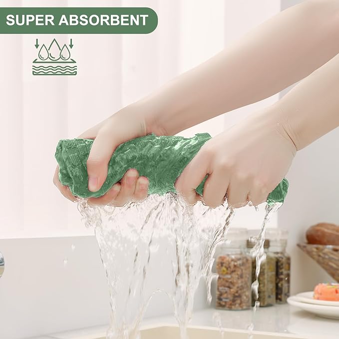 Homaxy 100% Cotton Kitchen Towels and Dishcloths Set, 12 x 12 & 15 x 25 Inches, Set of 10 Bulk Terry Cloth Dish Towels, Super Soft and Absorbent Hand Towel with Hanging Loop, Grass Green