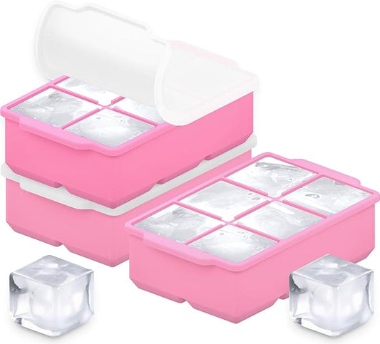 KitchFort Large Silicone Ice Cube Tray (3-Pack), Easy Release 2" Big Ice Cubes - Cocktail, Whiskey Ice Cubes Mold - Ice Trays for Freezer with Lid - Stackable Silicone Ice Tray - Pink