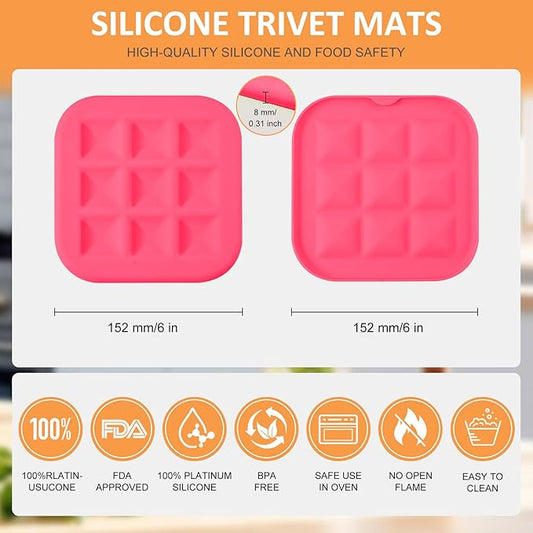 Silicone Trivets for Hot Pots and Pans, Pot Holders Hot Pads 6 Pack Silicone Mats for Kitchen Counter, Soft Durable Drying Mat, Jar Opener and Coasters (Pink)