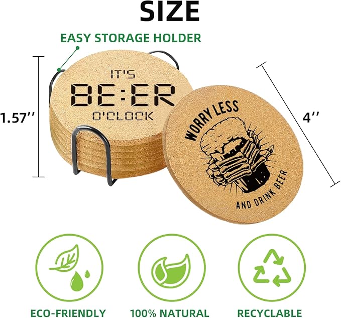 Coasters for Drinks with Holder Set of 6, Absorbent Cork Wood Coaster for Cup Desk Office Table Kitchen Decor House Warming Gifts for New Home Couples, Round 4"
