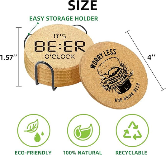 Coasters for Drinks with Holder Set of 6, Absorbent Cork Wood Coaster for Cup Desk Office Table Kitchen Decor House Warming Gifts for New Home Couples, Round 4"
