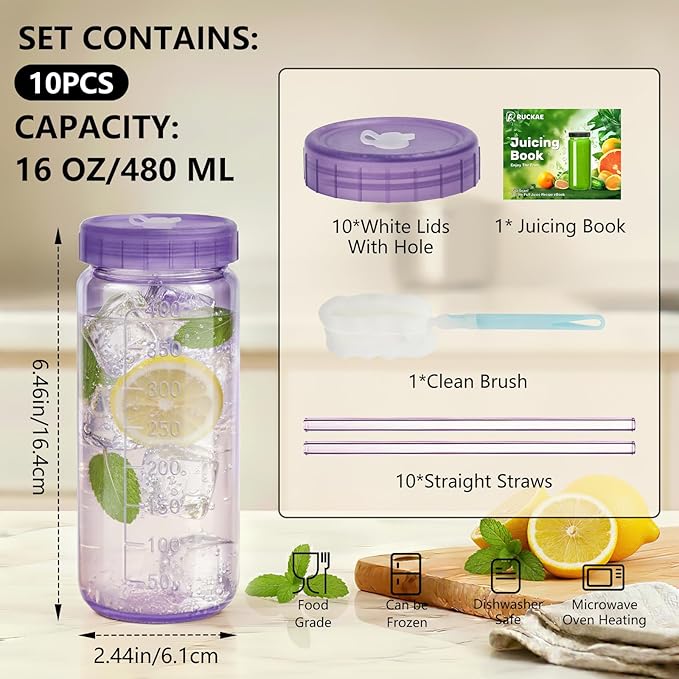Ruckae 16oz 10 Pack Glass Juice Bottles with Dual Scale, Reusable Glass Bottles with Hole Lids and Straws Mason Jar for Juicing, Smoothies, Kombucha - Water Bottle for Fridge or Gym (Purple)