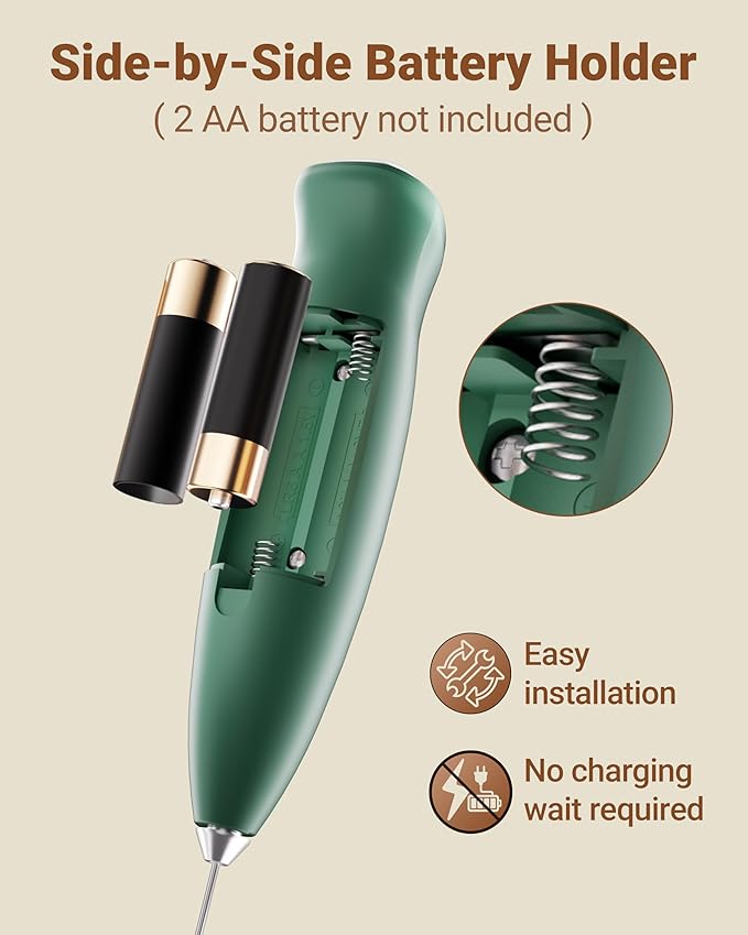 Milk Frother Handheld Frother Wand Drink Mixer Handheld Coffee Stirrers Electric Frother for Coffee Mixer Wand with 2 Whisk frother for protein powder coffee frother handheld-Green