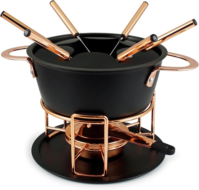 Swissmar Realp 11-Piece Cast Aluminum Fondue Set - Ideal for Melting Cheese & Chocolate Fondue, Oil & Broth Cooking - Perfect for Kitchen Collection & Wedding Gifts - 1.5 Liter / 1.58 Quarts