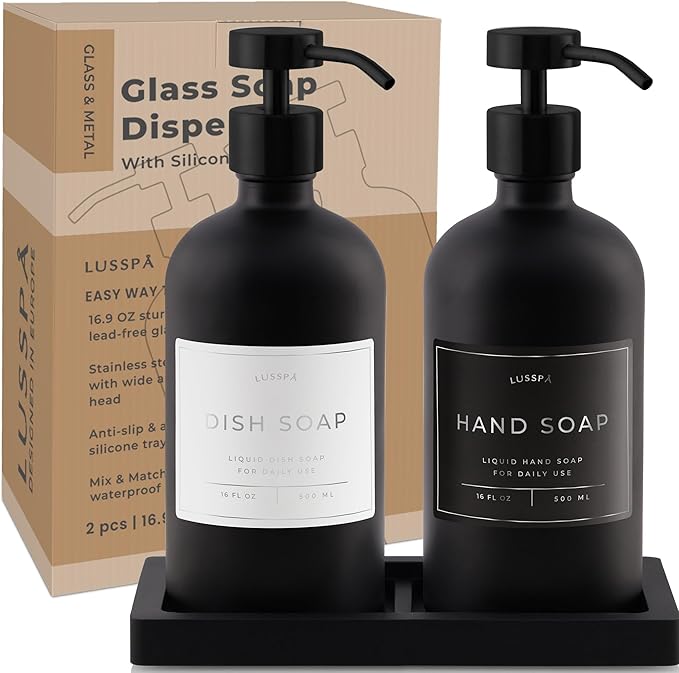 Lotion, Hand & Dish Soap Dispenser for Kitchen & Bathroom | Soap Dispenser Set of 2 16.8 Oz Glass Bottles with Stainless Steel Pump, 15 Water Proof Labels & Silicon Tray (Black)