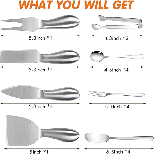 18pcs Charcuterie Accessories, Stainless Steel Cheese Knife Set Butter Spreader,Charcuterie Board Utensils Mini Serving Tongs,Spoons and Forks for Pastry Cheese & Butter, Apply for Party, Wedding