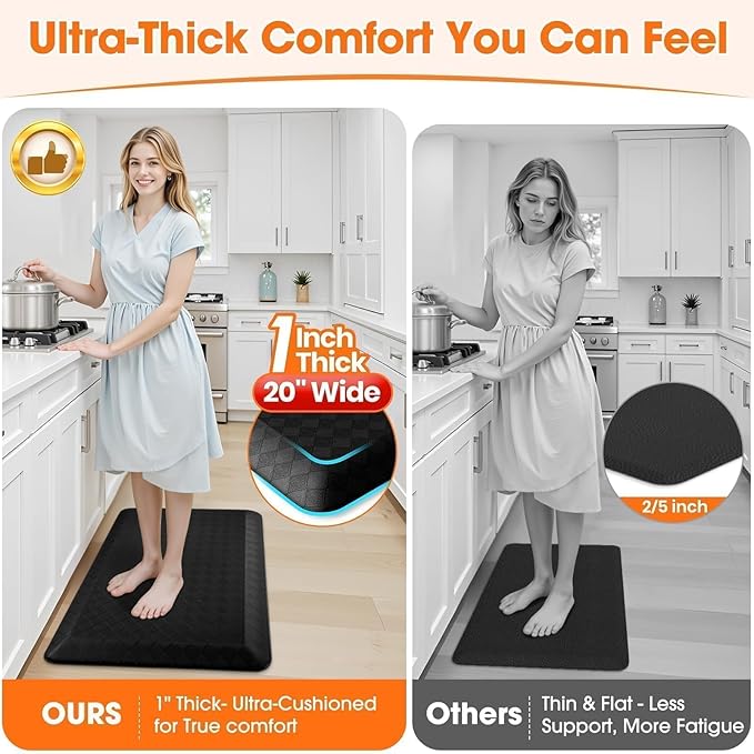 StepRite 1” Thick Kitchen Mats for Floor, Anti Fatigue Kitchen Rugs, Non-Slip,Heavy Duty Waterproof Kitchen Rug, Standing Desk Mat, Gifts for Friends, Family, Home, Kitchen, Office (32" x 20", Black)