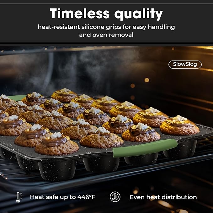 Slow Slog 11-Piece Nonstick Bakeware Set, Stackable & Oven-Safe Kitchen Baking Pans with Silicone Handles - Includes Cookie Sheet, Cake Pan, Muffin Tin, Pizza Stone & Bread Loaf Pan, Dark Green&Black