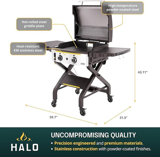 HALO Elite2B Outdoor Griddle | 2 Burner, 4 Cooking Zones | Portable with Warming Rack | 480 sq. in. (24″ x 20″) Wind-Proof Cooking Surface | Propane and Natural Gas Grill | HZ-1003-XNA