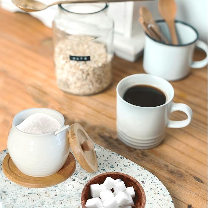 Sugar Bowl with Lid and Spoon,White Ceramic Sugar Container With Bamboo Lid and Tray,Dia 3.4'' H 4''|12oz