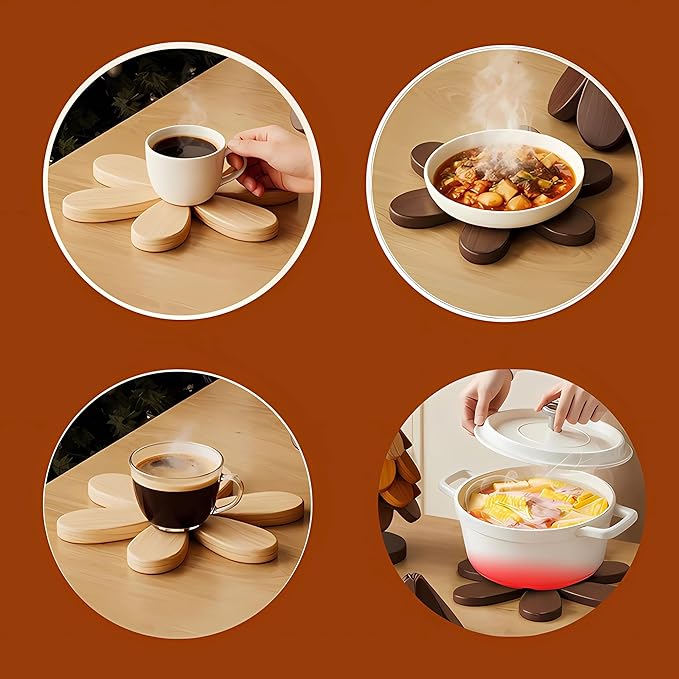 Wooden Trivets for Hot Dishes, Tree Shape Trivet Set, 4 Natural Solid Wood + 1 Stand stored Like a Christmas Tree,Foldable Kitchen Wooden Trivet for Pot Bowl Teapot Hot Pot Holder (Wood)