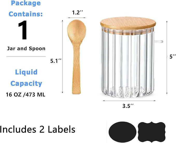 Glass Jar Sugar Container with Bamboo Spoons Lids 16 oz Sugar Bowl Coffee Bar Food Storage Jar Cereal Nuts Salts Coffee Tea Flour Sugar Container Spice Jar