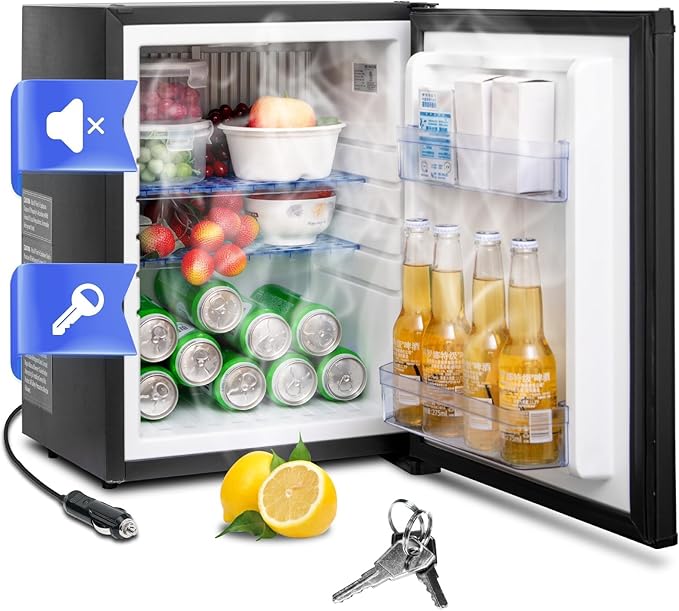 Smad 12V RV Refrigerator,1.4 Cu Ft Locking Mini Fridge, Mini Fridge with Lock, Semi Truck Refrigerator Freightliner Cascadia Drivers 12V DC/110V AC for Bedroom, RV, Truck, Office, Dorm, Black