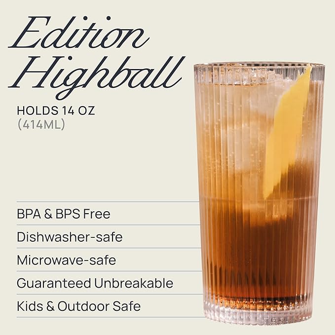 Drinique Unbreakable Edition Highball 14 oz Tritan Renew Plastic Highball Glass Clear 4-Pack