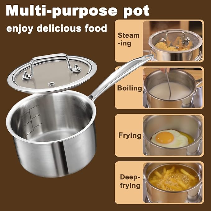 MOUTIUS 2 Quart Triple Stainless Steel Saucepan with Lid, Ramen Pot with Clear Glass Cover, Small Sauce Pan for Cooking Oatmeal, Induction-Ready, Dishwasher-Safe, Suitable for All Stoves