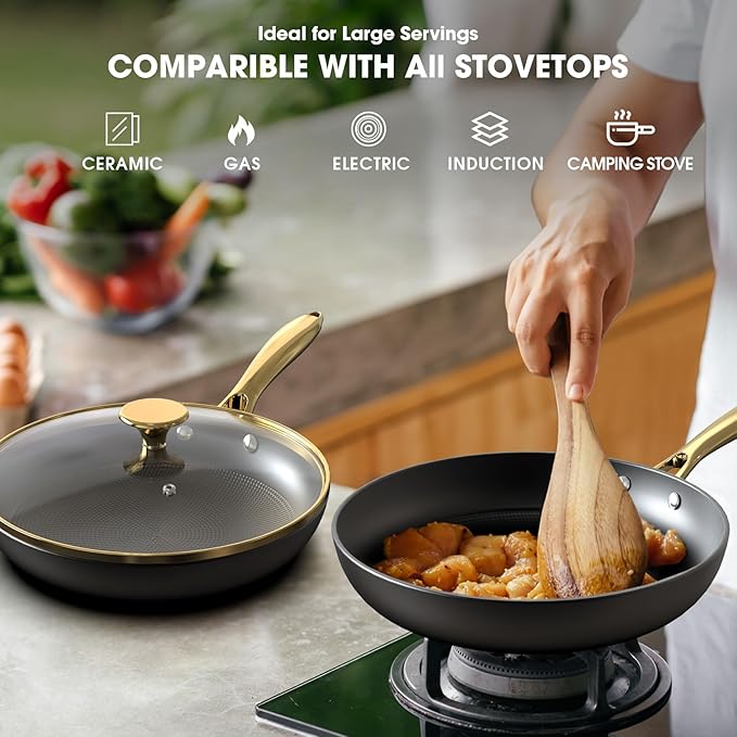 imarku 2Pcs Non Stick Frying Pans with Lids, 10 and 12 Inch Nonstick Cast Iron Skillets, Honeycomb Cookware Set Oven Safe and Induction Avalible